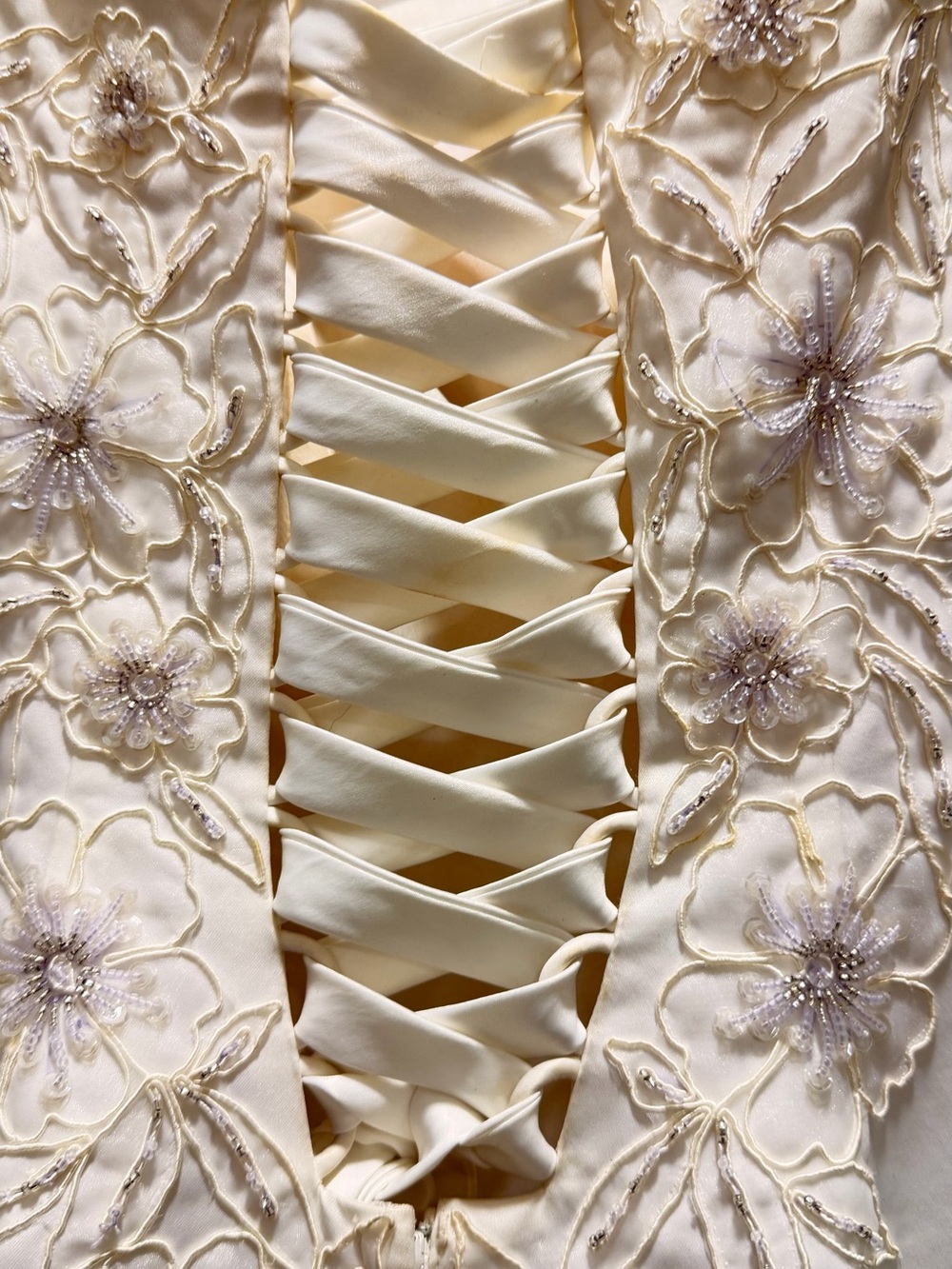 Ivory Lace-Up Wedding Dress with Floral Beading $325